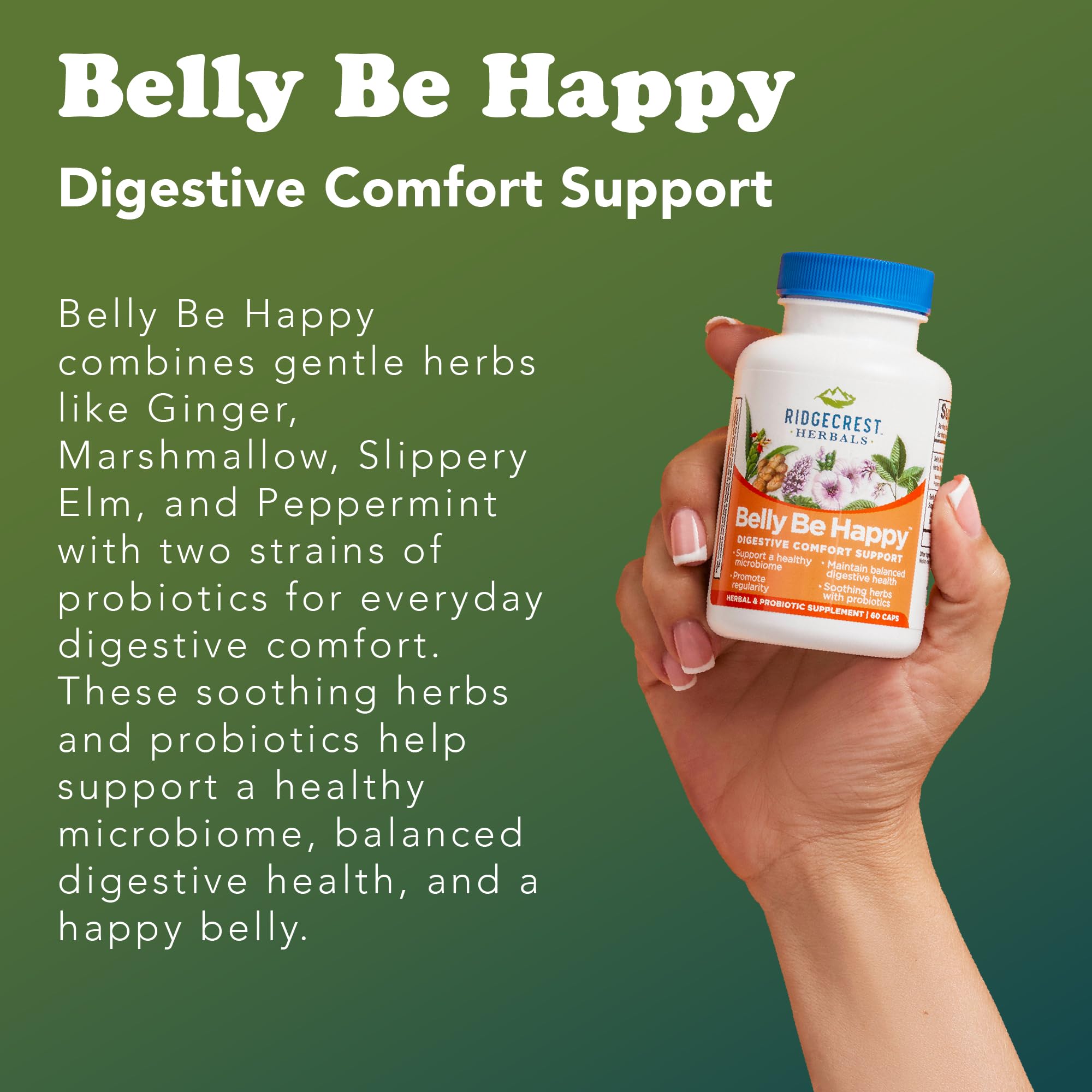 RidgeCrest Belly Be Happy ingredients graphic with ginger, peppermint, slippery elm