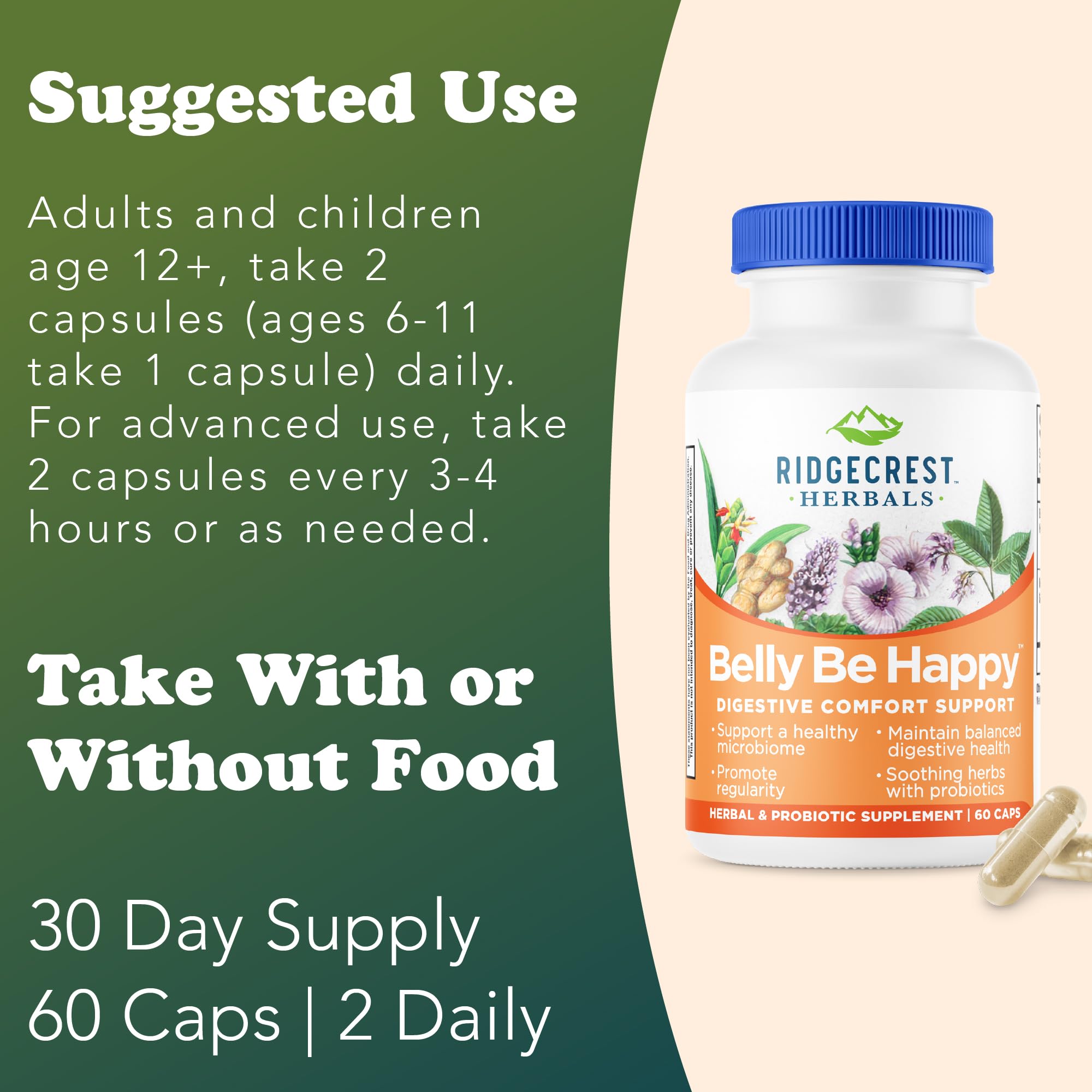 RidgeCrest Belly Be Happy label detail showing herbal blend and probiotic strains