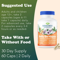 RidgeCrest Belly Be Happy label detail showing herbal blend and probiotic strains