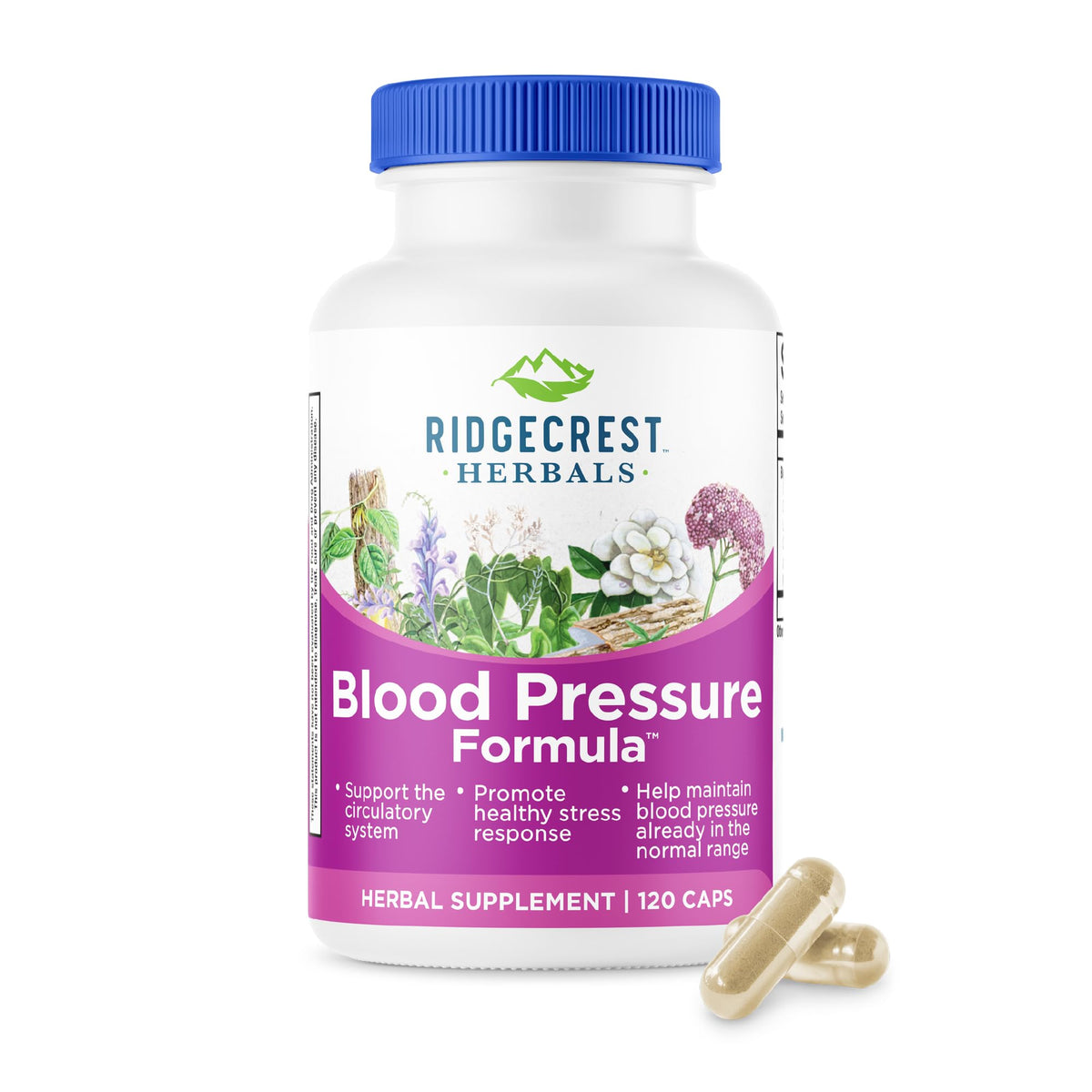 RidgeCrest Blood Pressure Formula bottle label shows 120 capsules for daily circulatory support.