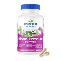 RidgeCrest Blood Pressure Formula bottle label shows 120 capsules for daily circulatory support.