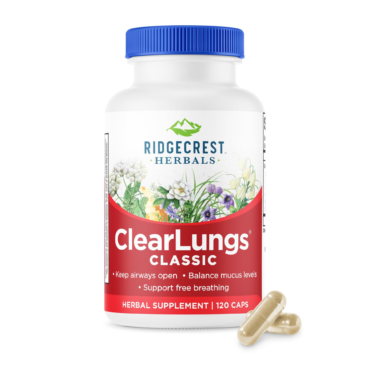 RidgeCrest ClearLungs Classic bottle front for daily respiratory support.