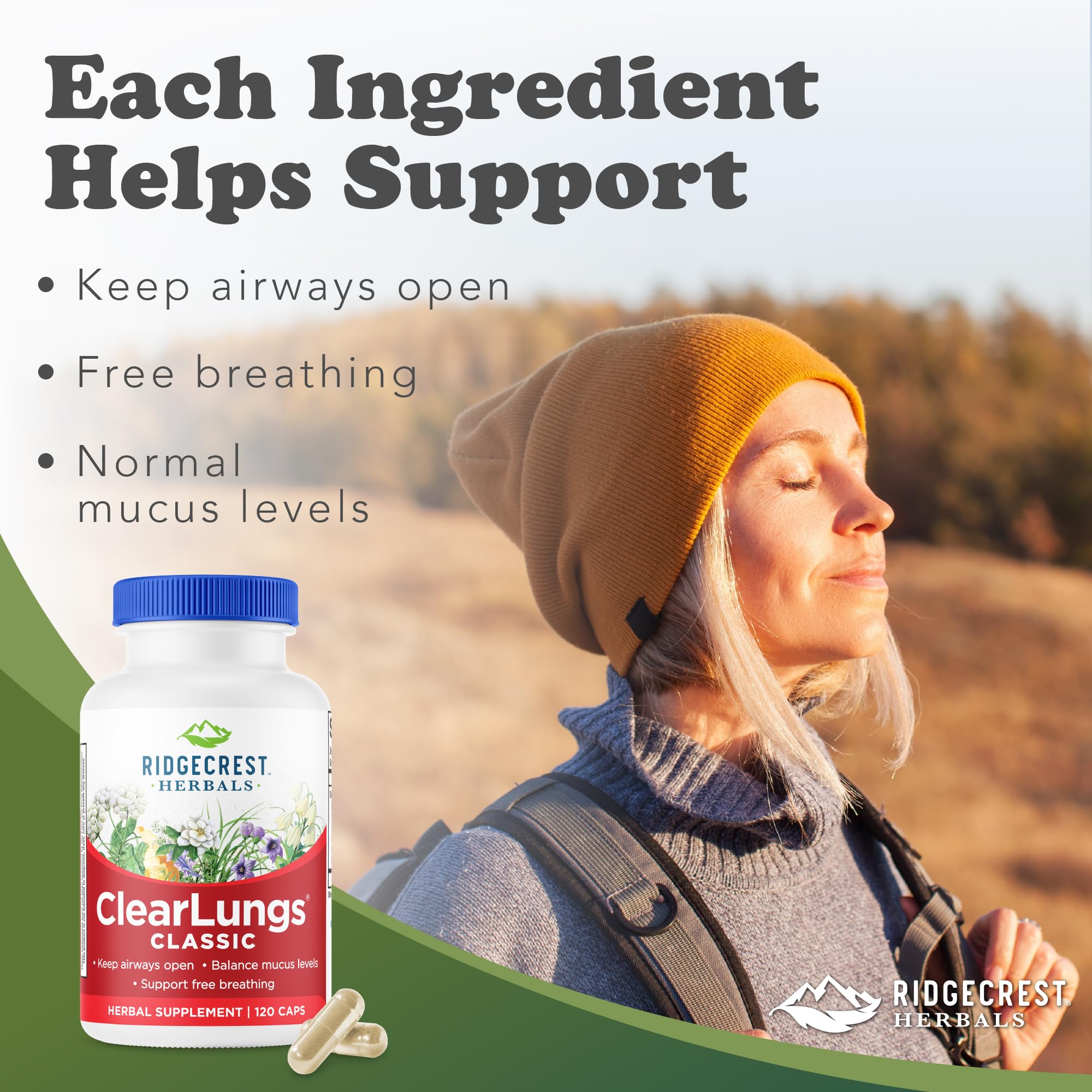 RidgeCrest ClearLungs Classic capsules close-up highlighting convenient vegan capsules.