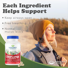 RidgeCrest ClearLungs Classic capsules close-up highlighting convenient vegan capsules.