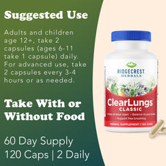 RidgeCrest ClearLungs Classic ingredient list image emphasizing natural respiratory blend.