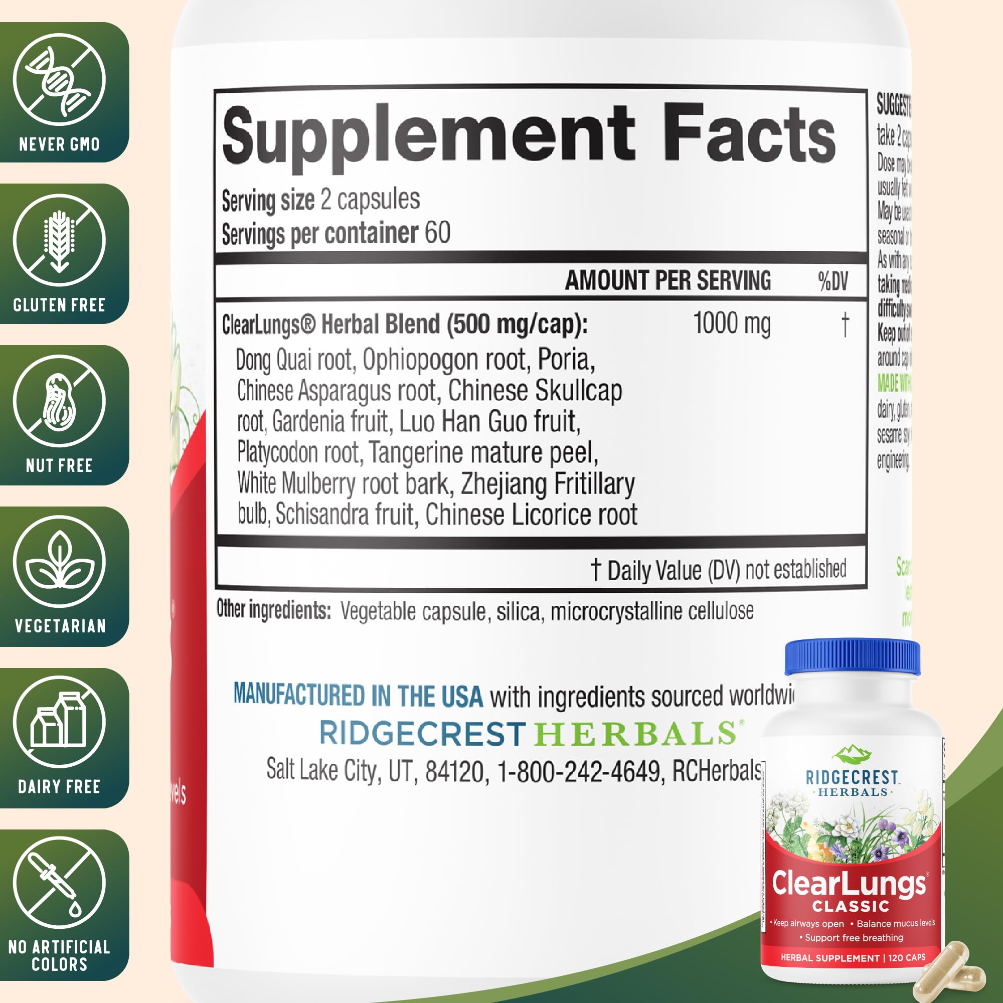 RidgeCrest ClearLungs Classic label detail showing ingredients and benefits.