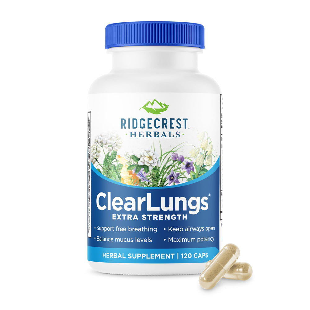 RidgeCrest ClearLungs Extra Strength bottle supports daily respiratory wellness.