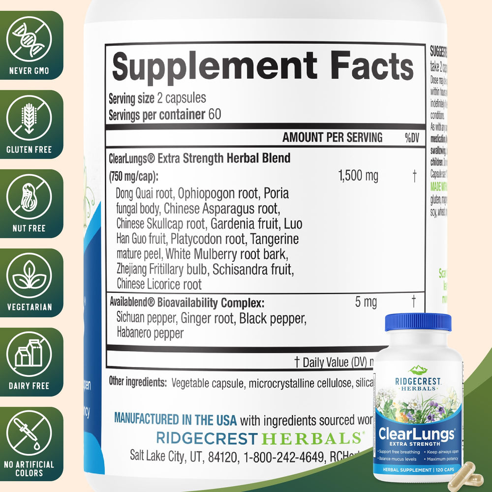 RidgeCrest ClearLungs label closeup highlights key ingredients for lung support.
