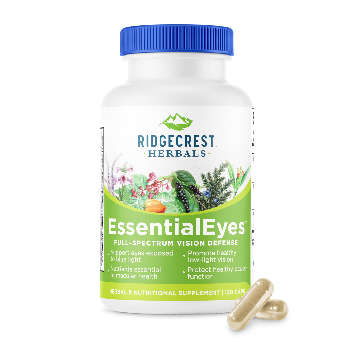 RidgeCrest EssentialEyes bottle label promoting natural eye health support.