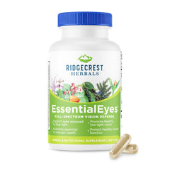 RidgeCrest EssentialEyes bottle label promoting natural eye health support.