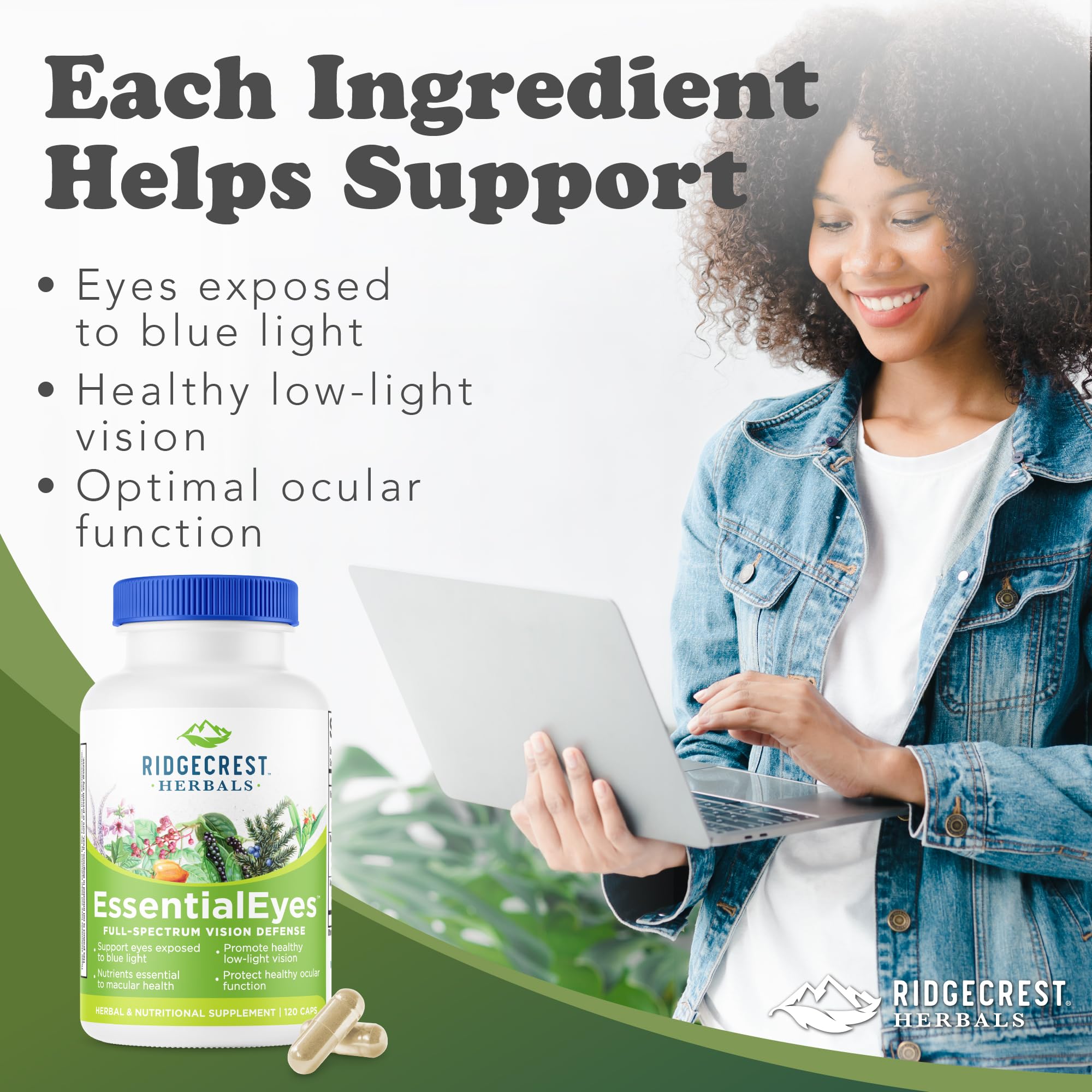 RidgeCrest EssentialEyes capsules close-up highlighting vegan formulation for eye health.