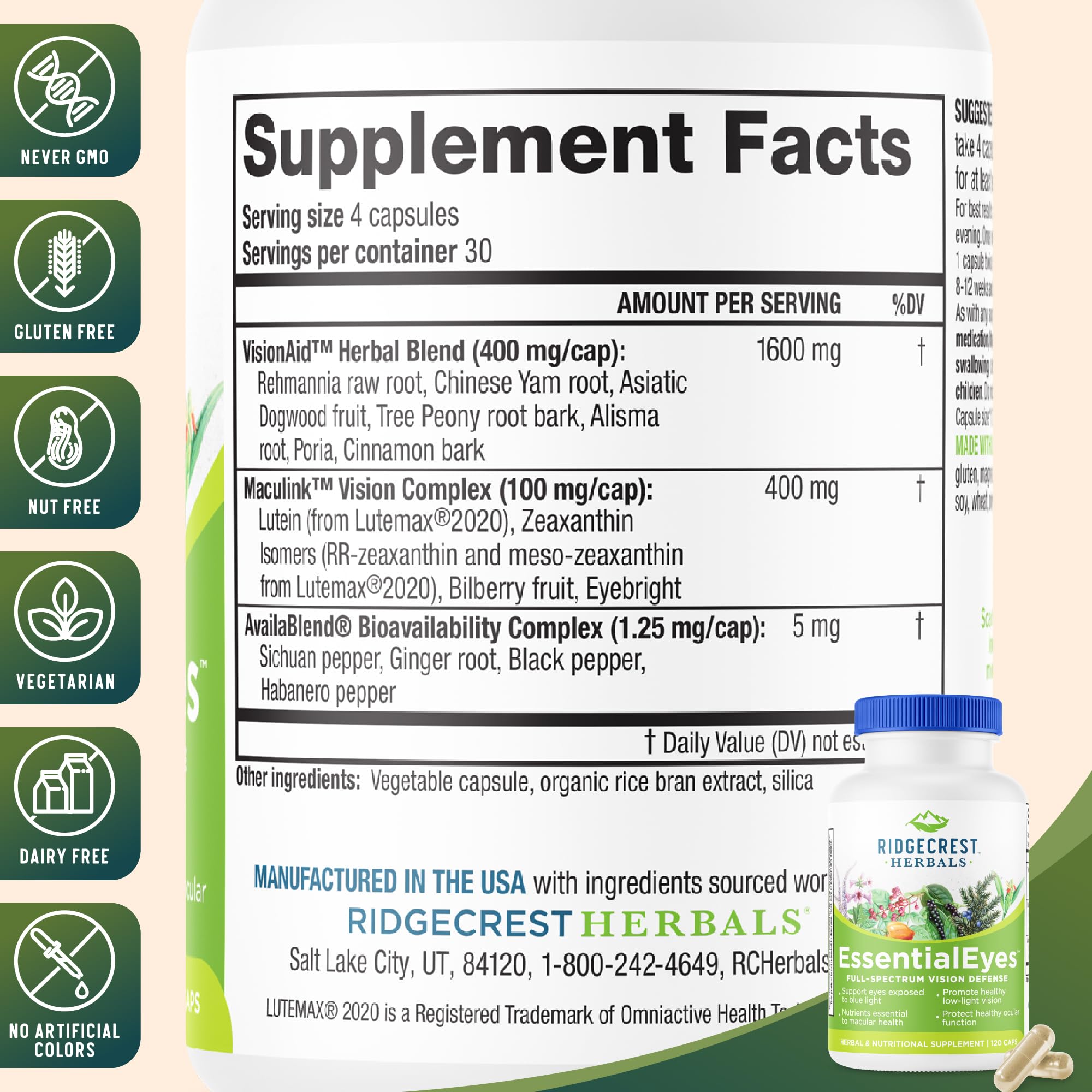 RidgeCrest EssentialEyes Lutemax2020 and bilberry blend for eye nourishment.