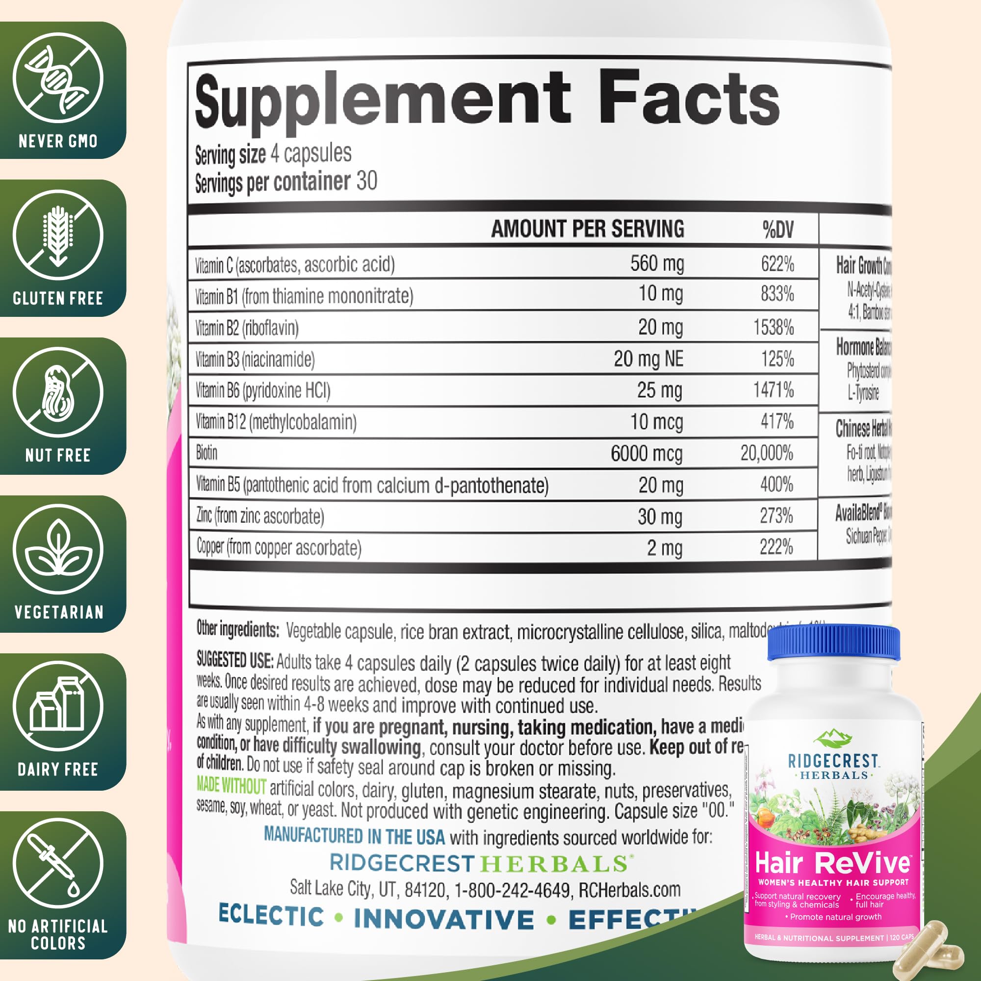 RidgeCrest Hair ReVive capsules close-up showing soft gel tablets