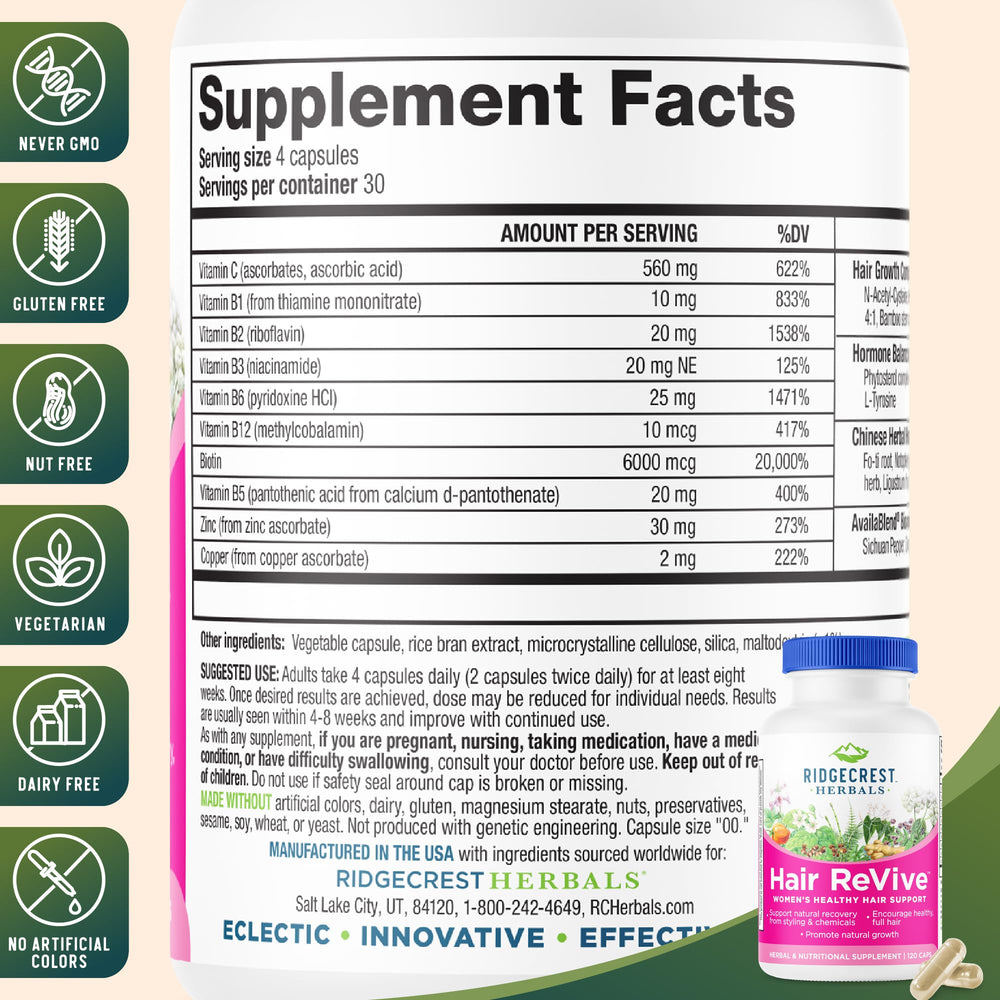 RidgeCrest Hair ReVive capsules close-up showing soft gel tablets