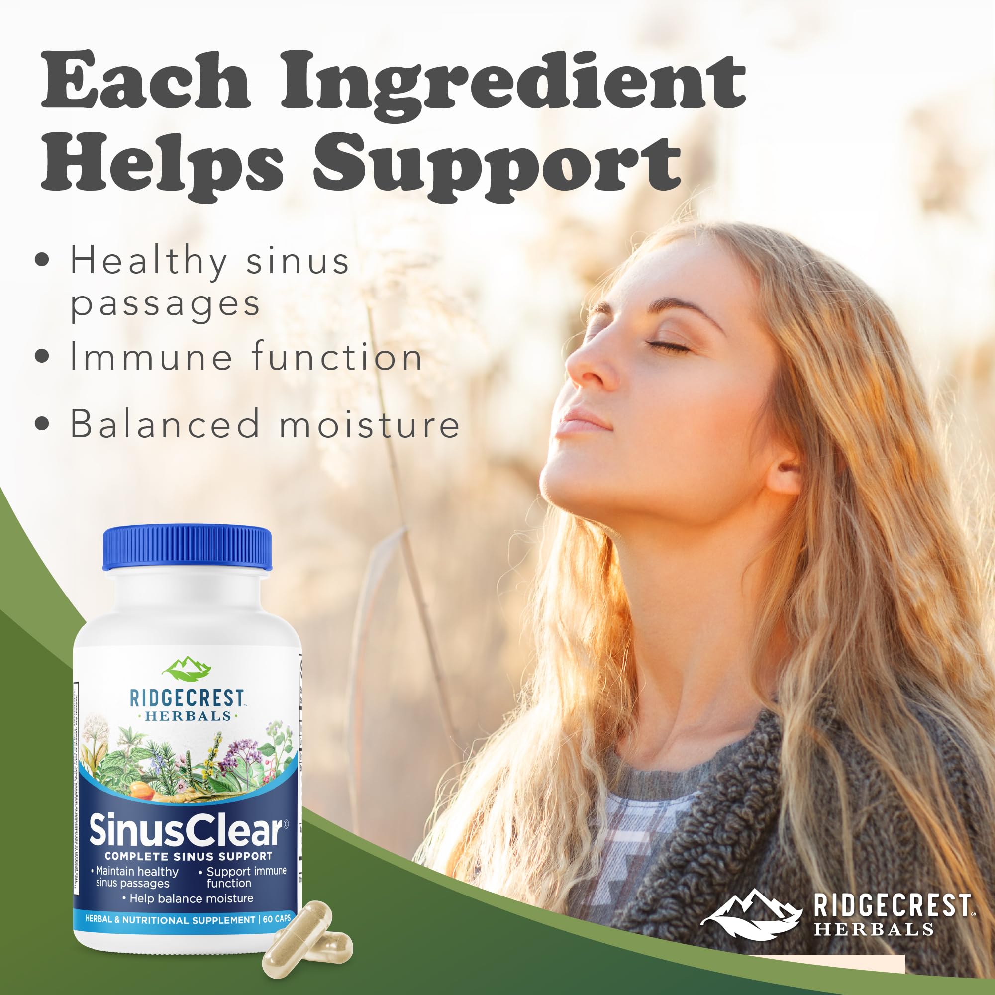 RidgeCrest SinusClear capsules inside shown for convenient respiratory and immune support
