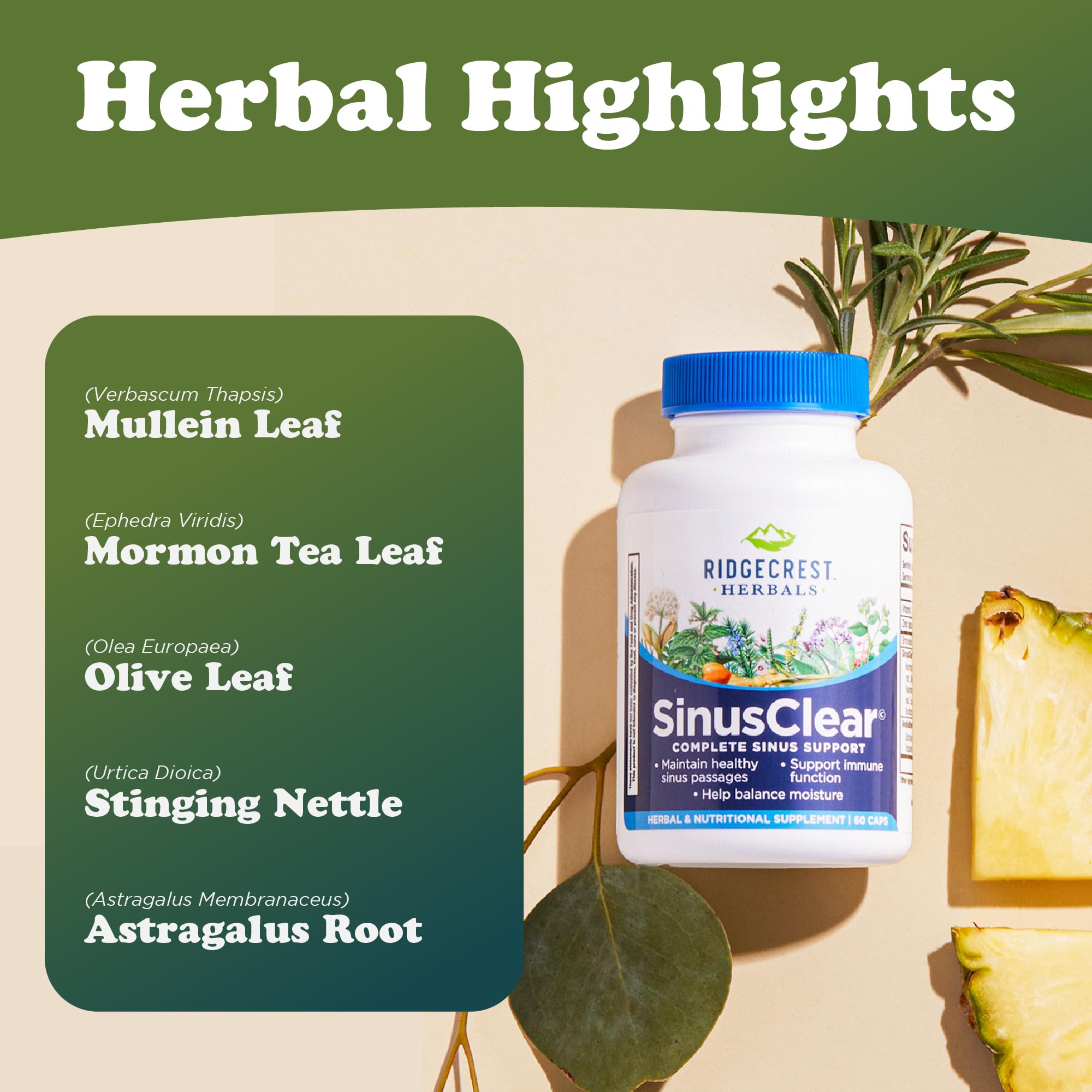 RidgeCrest SinusClear ingredient list display showing natural botanicals