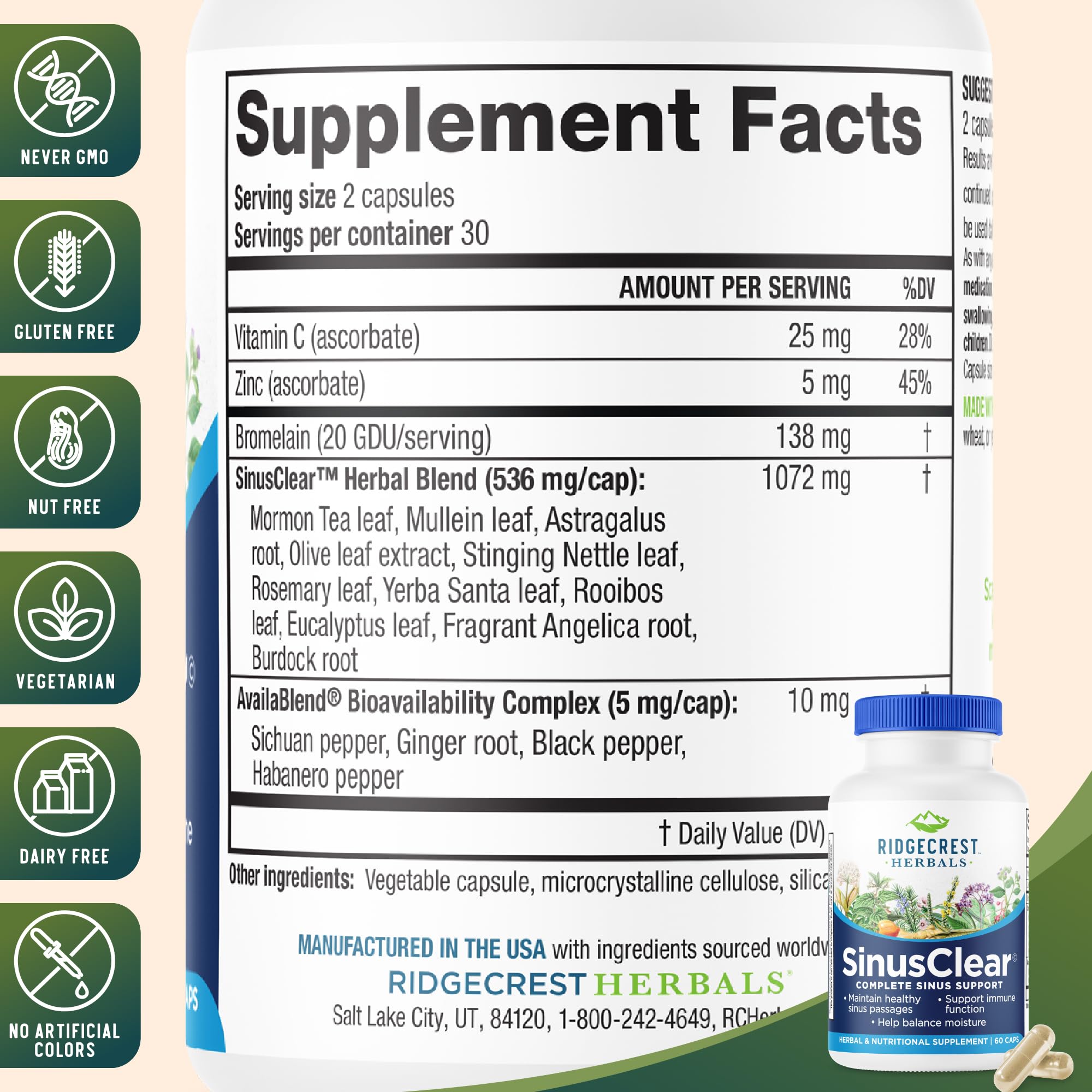 RidgeCrest SinusClear label closeup highlighting ingredients and usage