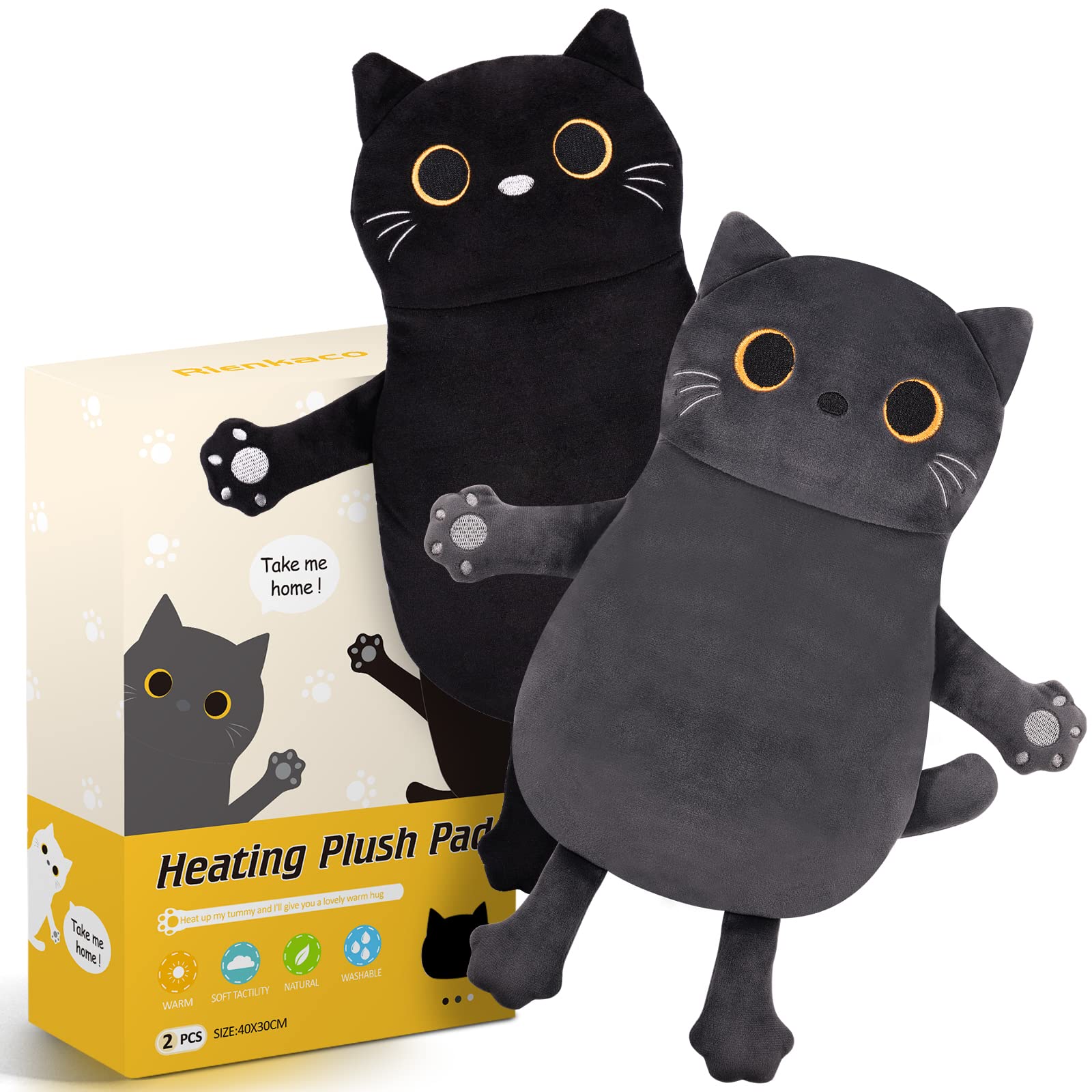Rienkaco cat plush heating pad close-up showing soothing heat for cramps.