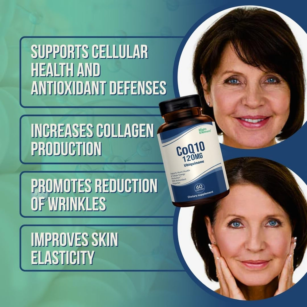 RIGHT ELEMENT CoQ10 120mg label detail emphasizes ingredients and dosage.