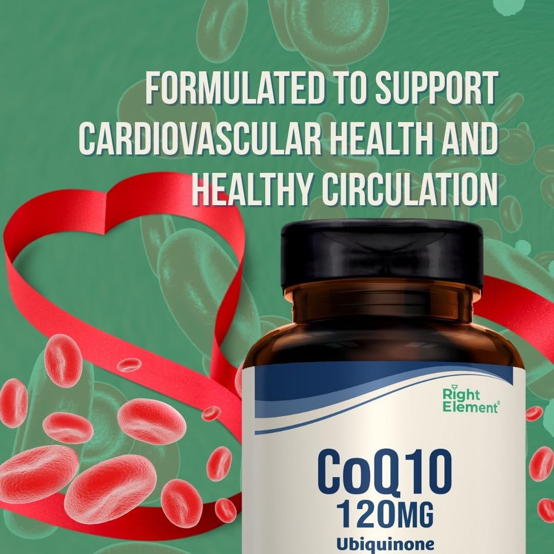 RIGHT ELEMENT CoQ10 120mg packaging on table ready for routine.