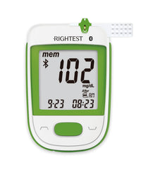 RIGHTEST GT333 meter shown with compatible test strips for easy at-home testing.