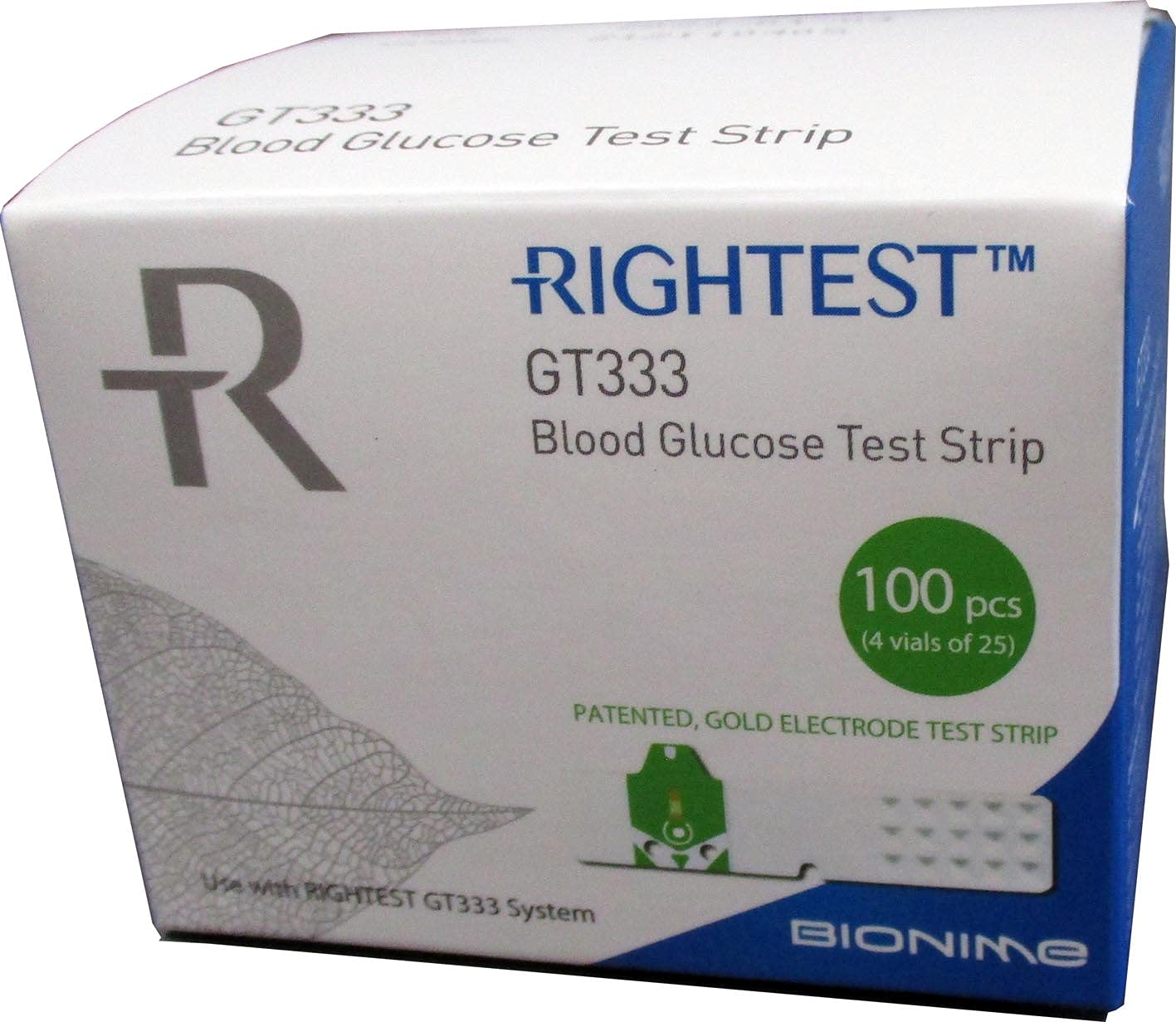 RIGHTEST GT333 test strip box containing 100 strips for home glucose monitoring.