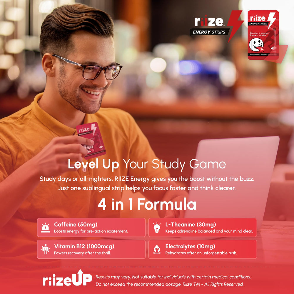 Riize Energy Strips deliver 50 mg caffeine for quick alertness.