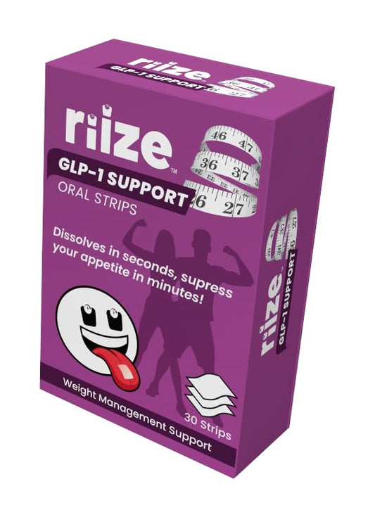 Riize GLP-1 Support Strips box close-up showing portable design for on-the-go use.