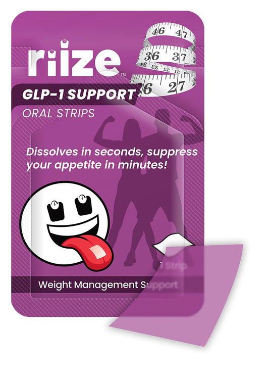 Riize GLP-1 Support Strips dissolving on the tongue, illustrating fast-dissolve convenience.