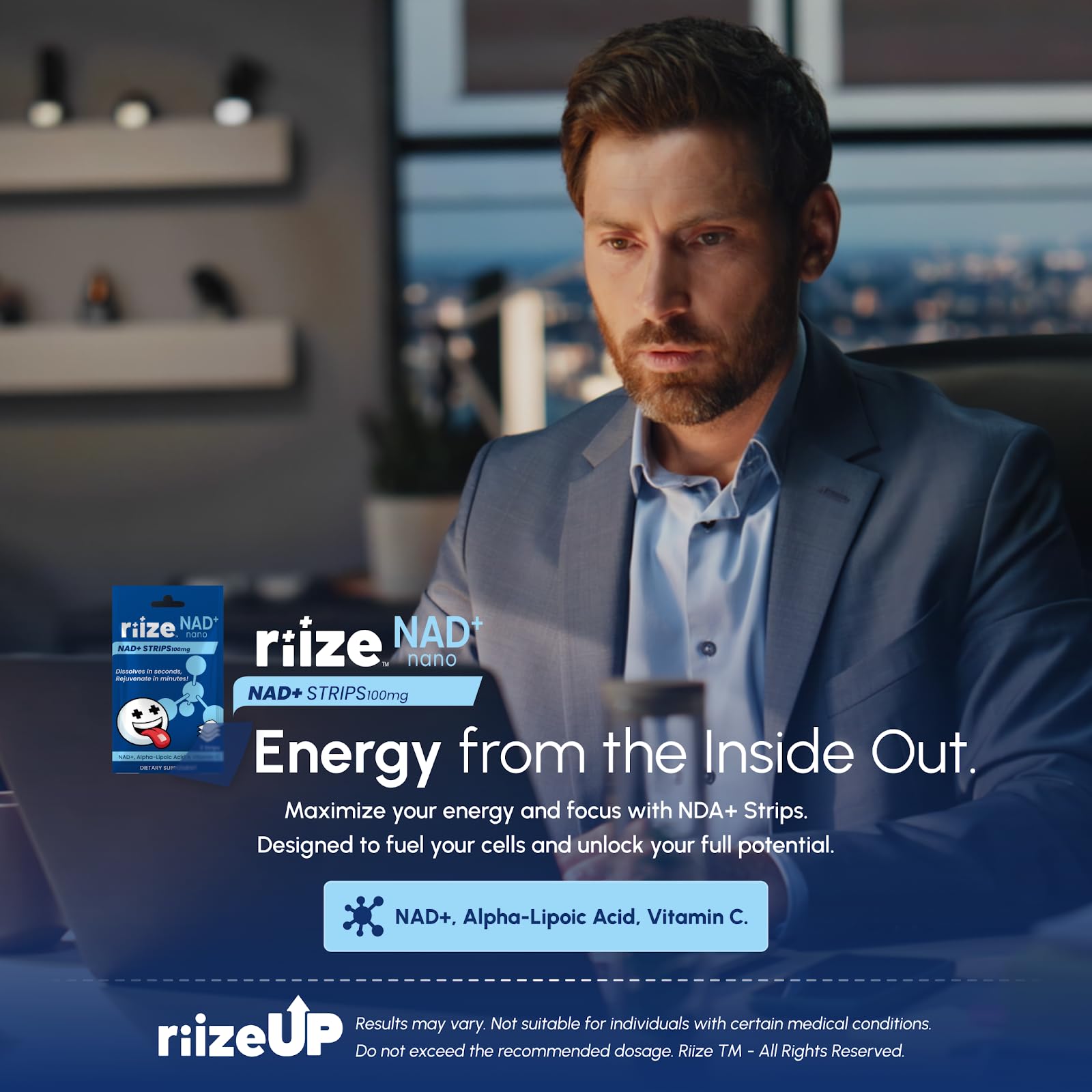 Riize NAD+ Strips dissolving close-up with natural flavor and sugar-free profile.