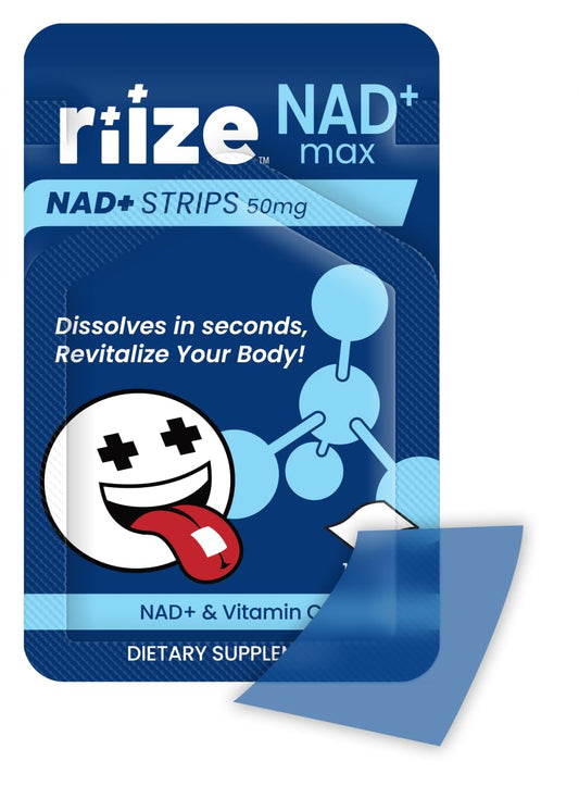 Riize NAD+ Strips on tongue dissolving quickly for convenient, water-free use.