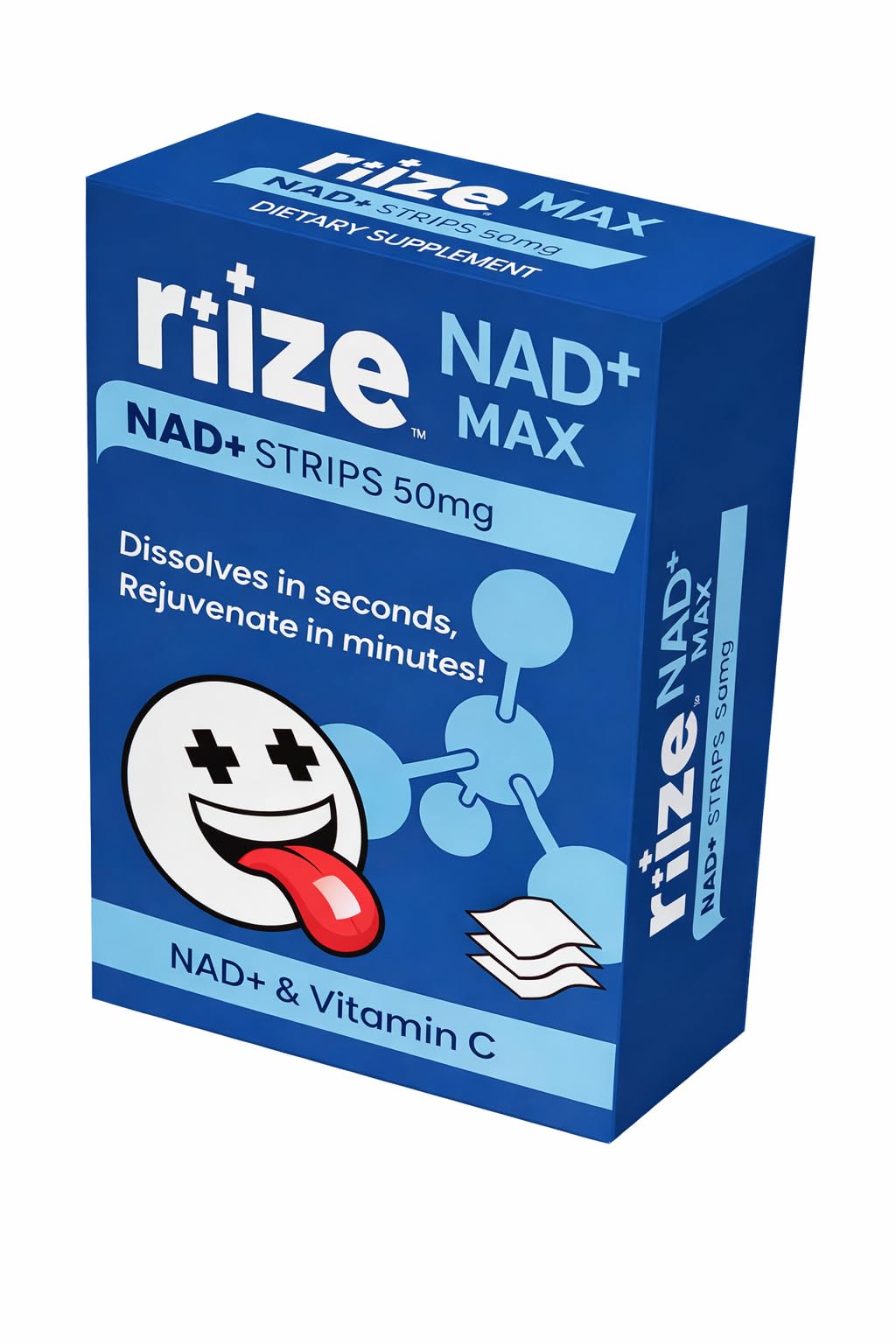 Riize NAD+ Strips packaging close-up showing travel-friendly, individually wrapped design for on-the-go use.