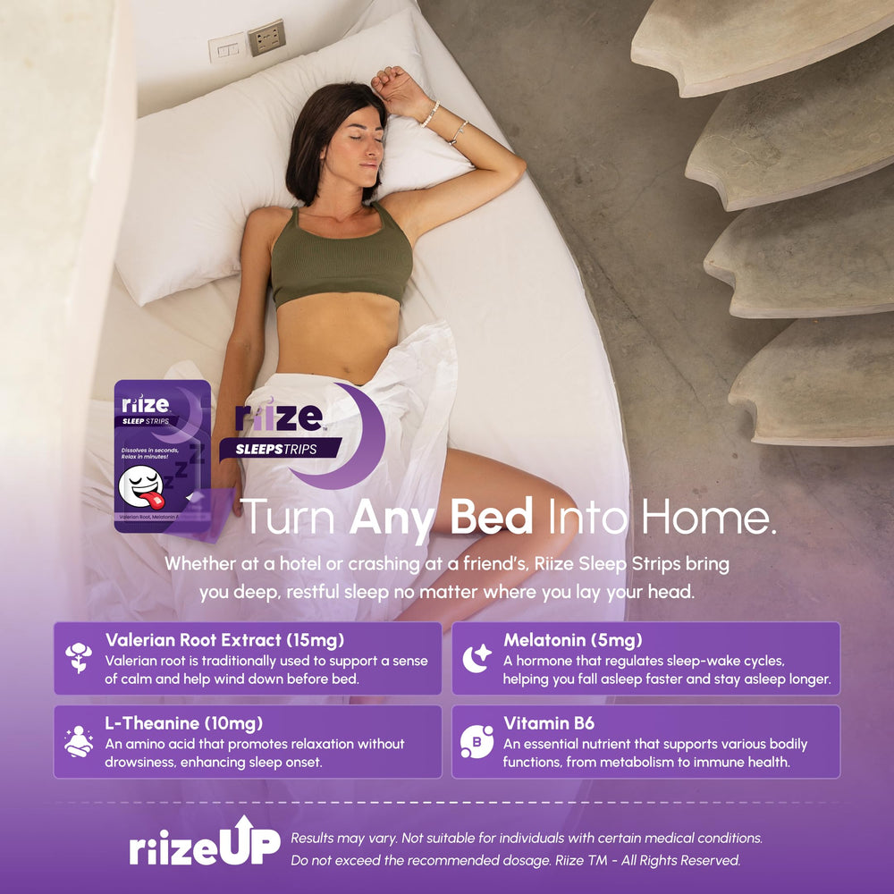 Riize Sleep Strips ingredient label highlights melatonin and L-Theanine.