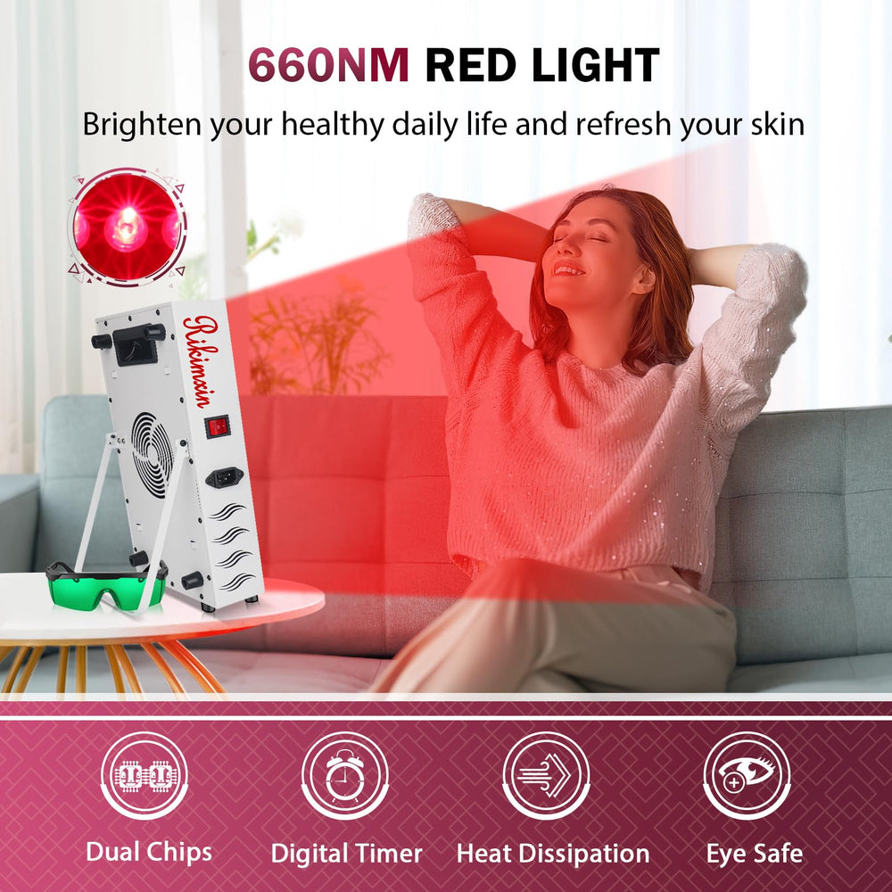 Rikimxin red light panel side angle demonstrates adjustable tilt for targeted treatment
