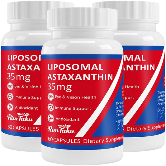 RimTuku 35mg Liposomal Astaxanthin bottle front shows premium antioxidant support