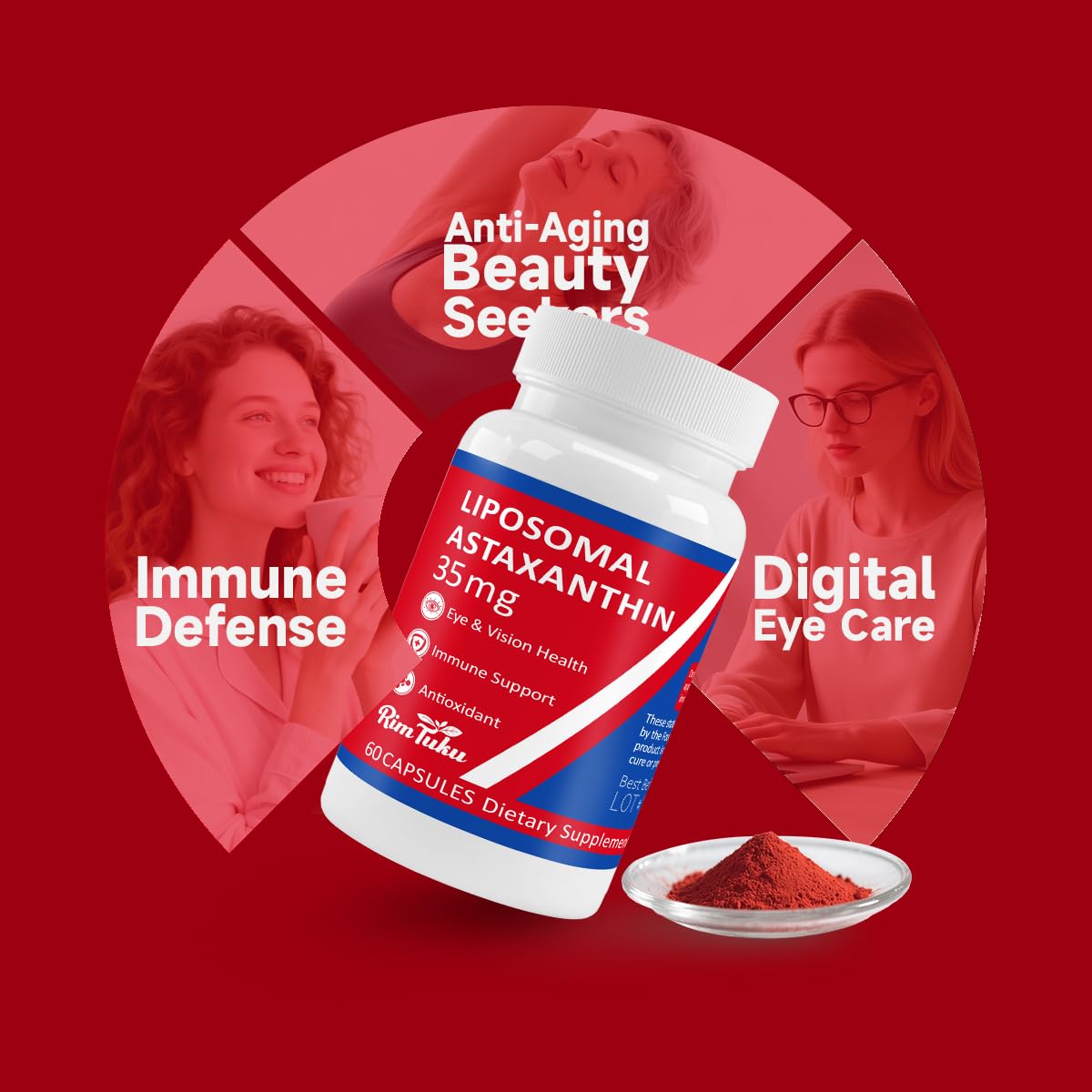 RimTuku astaxanthin capsules closeup emphasizes microalgae-derived purity and bioavailability