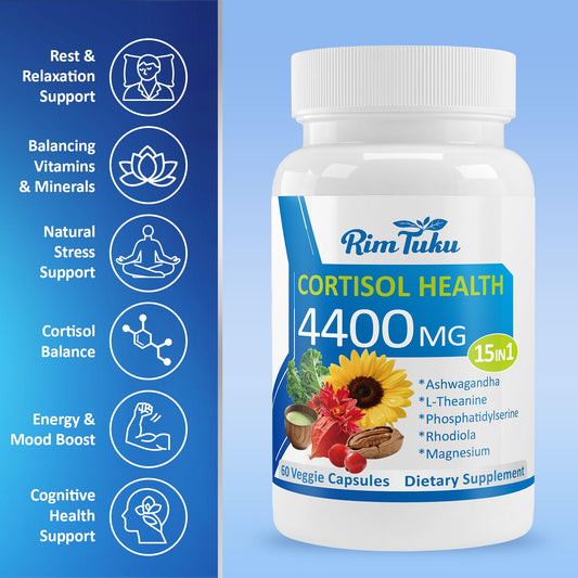 RimTuku Cortisol capsules close-up highlights 15-in-1 formula for stress resilience