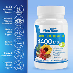 RimTuku Cortisol capsules close-up highlights 15-in-1 formula for stress resilience