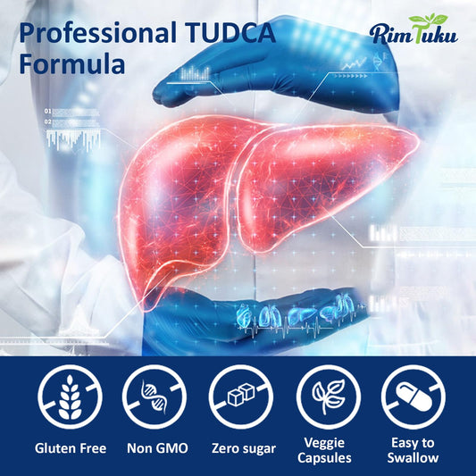 RimTuku TUDCA capsules being poured highlighting a 60-capsule monthly supply