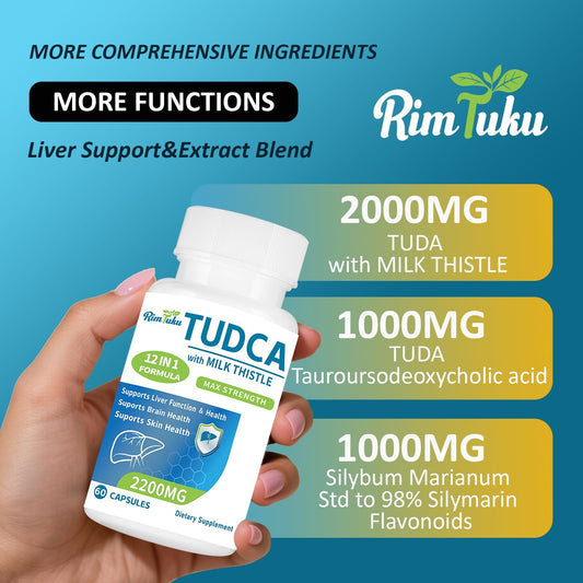 RimTuku TUDCA Milk Thistle capsules close-up emphasizing convenient daily detox support.