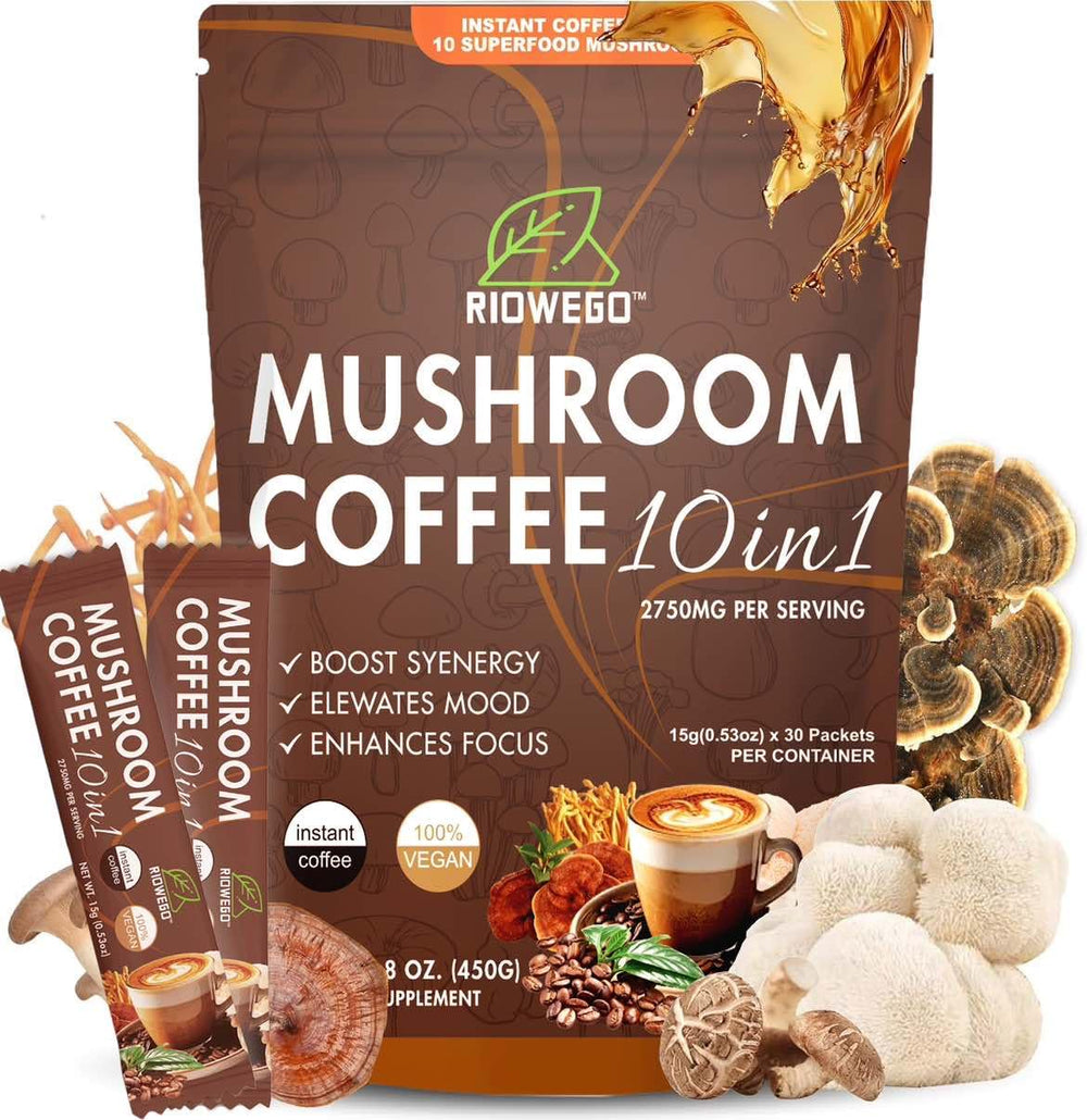 RIOWEGO mushroom coffee packaging for daily energy