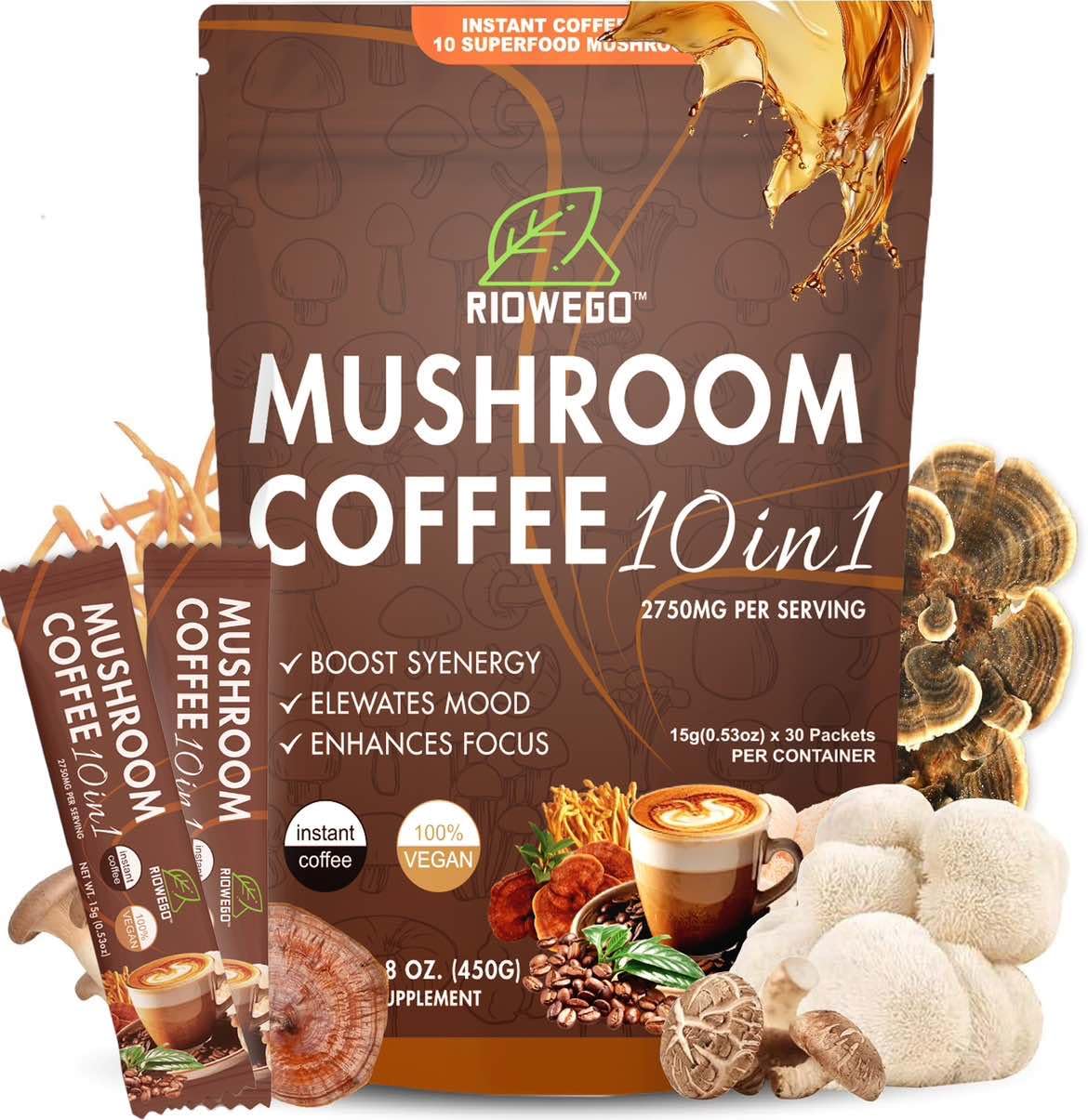 RIOWEGO mushroom coffee packaging for daily energy