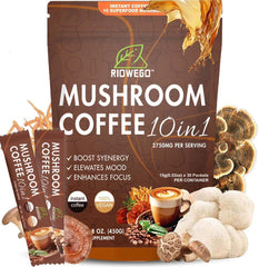 RIOWEGO mushroom coffee packaging for daily energy
