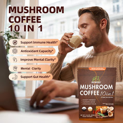 RIOWEGO steaming mug of mushroom coffee for focus