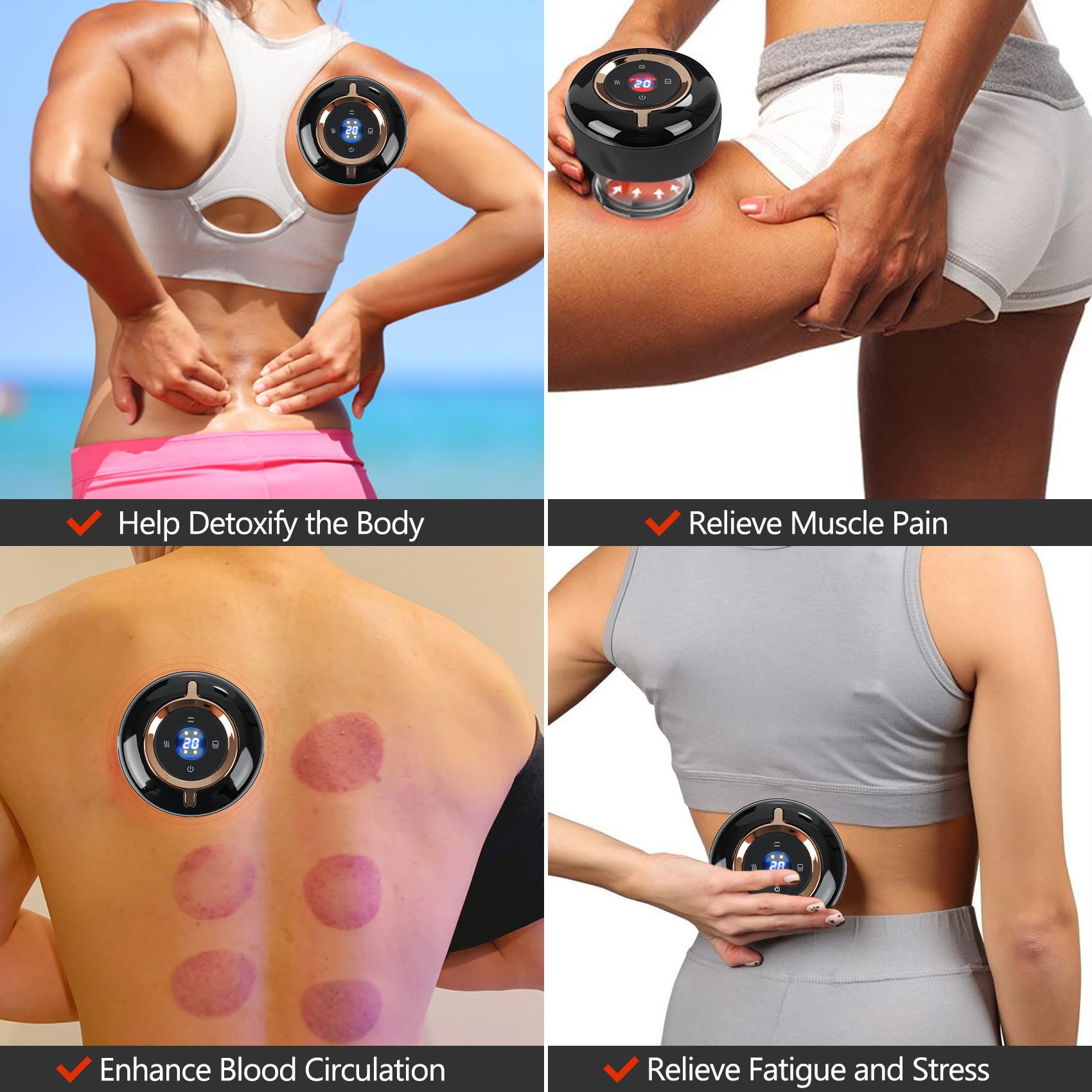 RIRC cupping device demonstrates heating and red light therapy on shoulder.