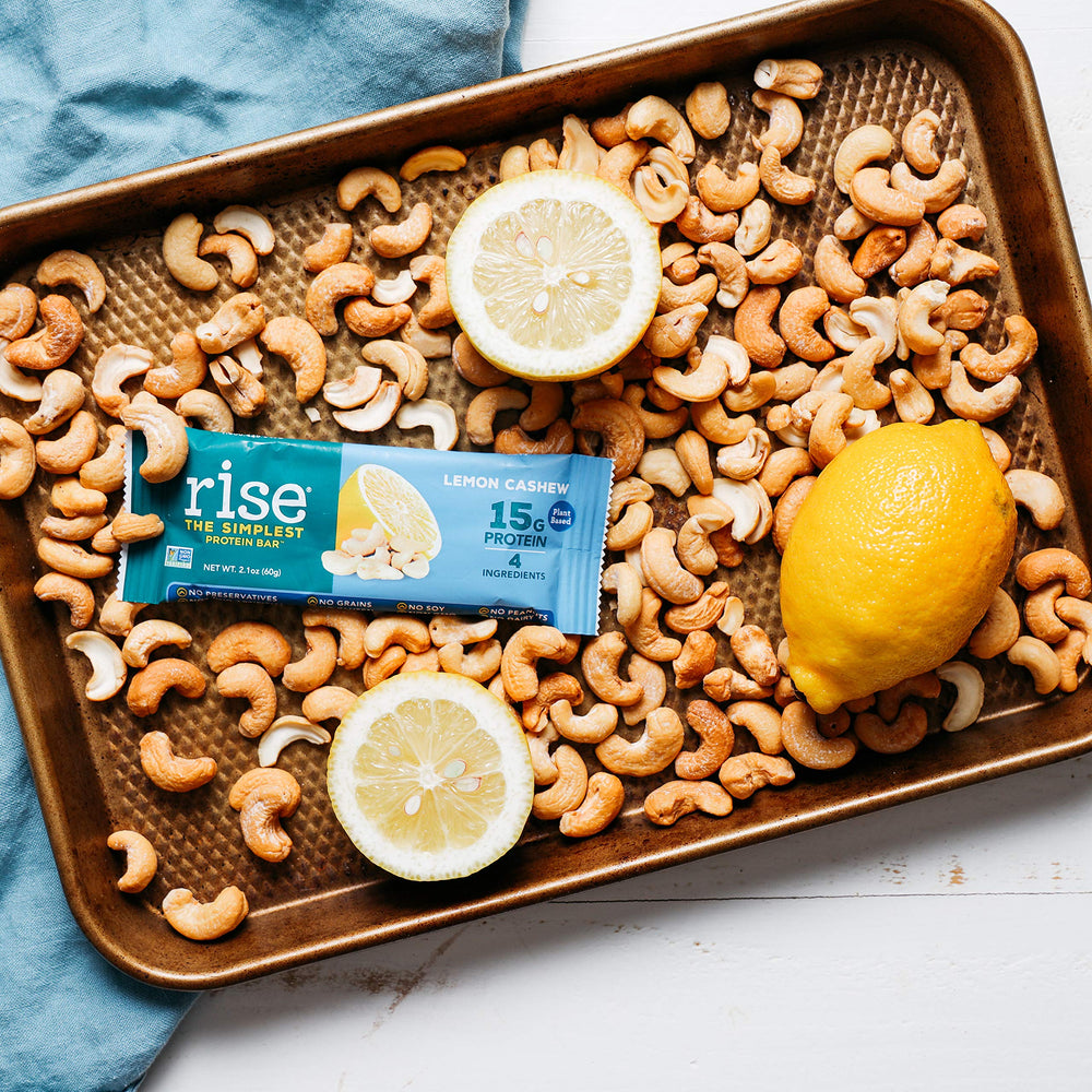 Ingredients view of Rise Bar Lemon Cashew reveals a four-ingredient vegan recipe.