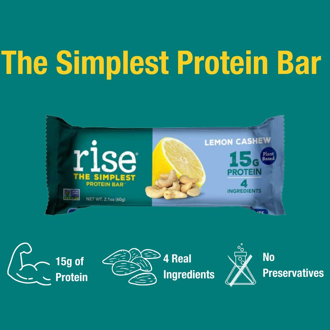 Nutrition label for Rise Bar Lemon Cashew shows 15 g protein per bar.