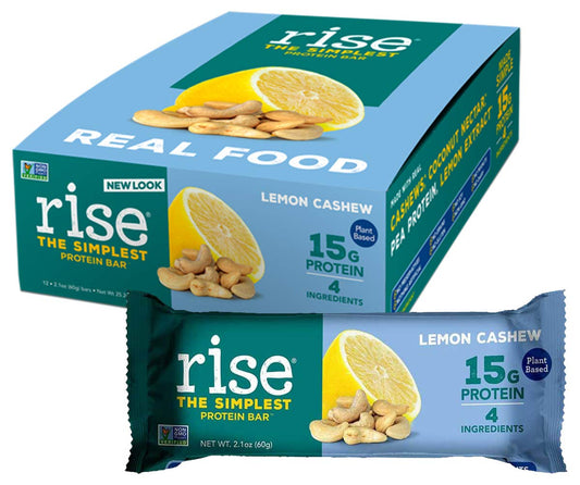 Rise Bar Lemon Cashew packaging shows a convenient on-the-go snack.