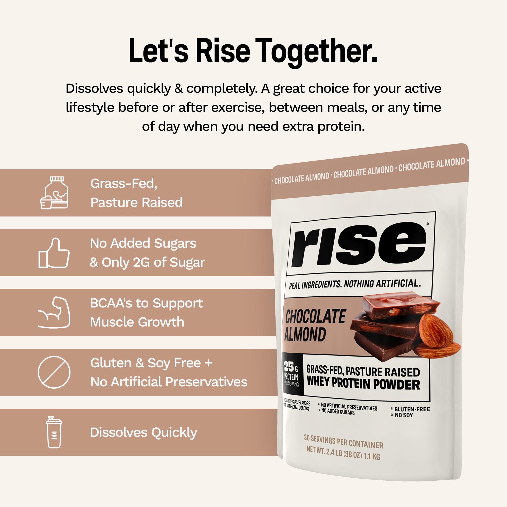 Rise Gluten-free and soy-free protein powder supports diverse diets.