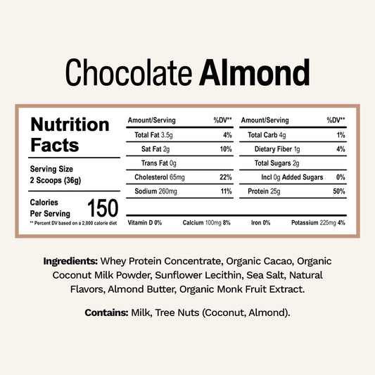 Rise Grass-Fed Whey Protein Chocolate Almond pour reveals smooth, creamy shake.
